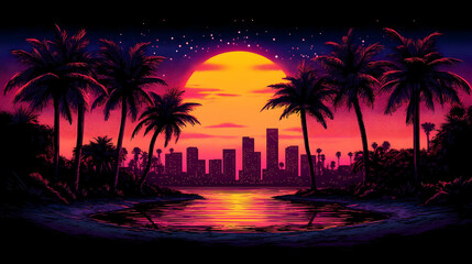 Tropical Sunset Illuminates City Skyline with Palm Trees Reflecting Beautifully in Calm Water