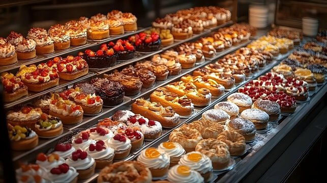 Delicious Pastries Displayed Beautifully in Bakery Showcase, Sweet Temptations