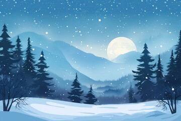 Snowy Winter Landscape with Full Moon and Pine Trees