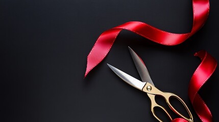 Scissors cutting red silk ribbon against black background