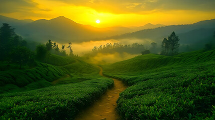 Obraz premium Golden Sunrise illuminates Lush Green Tea Plantation in Rolling Hills with Misty Landscape