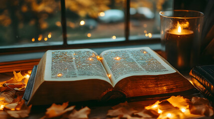 Open Book Lies on Table by Window with Candle and Autumn Leaves, Creating Cozy Atmosphere.