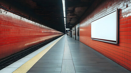 Empty Subway Platform with Blank Billboard and Red Tiled Walls Extends into Tunnel Receding Slowly