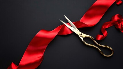 Scissors cutting red silk ribbon against black background