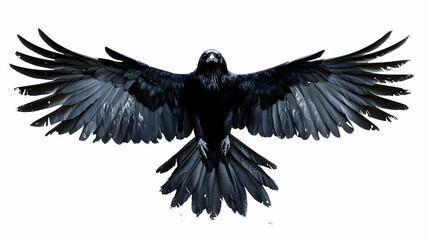 Obraz premium A Large Black Bird with Open Wings Soars Through a Blank White Background, Majestically Displayed
