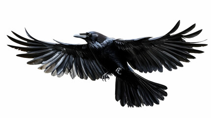 Obraz premium A Large Black Bird Soars with Wings Spread Wide Against a White Background