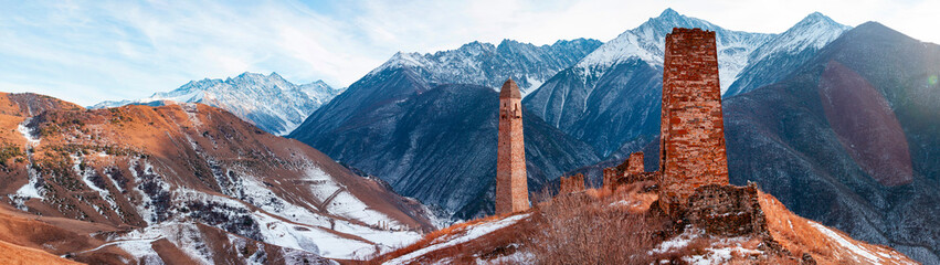 Falkhan village with the ruins of ancient battle towers and crypts. Russia, Republic of Ingushetia, Dzheyrakhsky region.