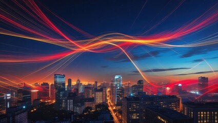 Fototapeta premium A mesmerizing cityscape at dusk, capturing long exposure trails of vibrant camera lights, weaving intricate patterns across the darkening sky, with streaks of red, orange, and yellow hues, evoking a s