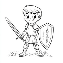 Fototapeta premium Brave Little Knight: A charming illustration of a young boy, dressed in medieval knight's armor, confidently stands with a sword and shield. Ready for adventure. 