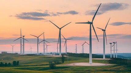 A magnificent row of wind turbines towering in a field during sunset