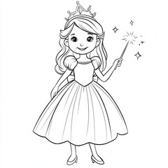 Fototapeta premium Enchanted Princess with Wand: A whimsical and charming black and white illustration of a young princess wearing a crown and holding a magic wand, ready to create enchanting moments. 