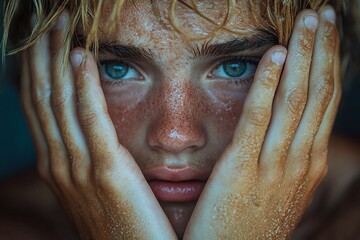 Fototapeta premium man's face covered with hands, sadness, pain