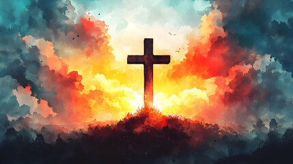 Fototapeta premium Watercolor Cross Stands Tall Against Dramatic Sunset Sky with Clouds