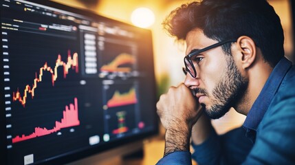 Person looking worried at computer screen, reflecting the pressures and challenges of modern digital life. Navigating complex technology and information overload.