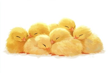 A cozy group of sleeping yellow chicks huddled together.