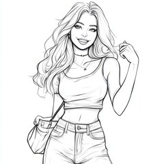 Confident and Chic: A line art illustration of a stylish young woman with long flowing hair, wearing a crop top, jeans and a shoulder bag, exudes confidence and carefree style.  