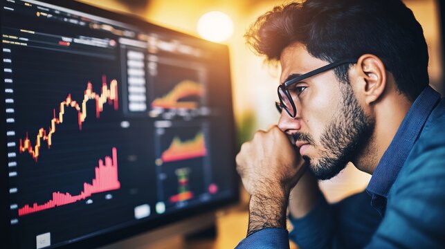 Person looking worried at computer screen, reflecting the pressures and challenges of modern digital life. Navigating complex technology and information overload.