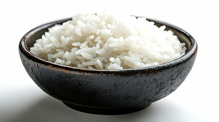 Steamed White Rice in a Black Bowl Perfectly on a White Background.