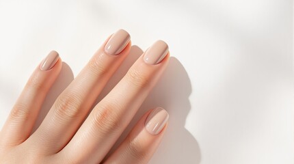 Fototapeta premium Elegant manicured hand with minimalist nude nails on light background