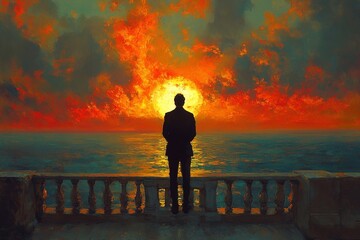 Fototapeta premium A man stands with his back to the frame against the backdrop of a beautiful natural landscape.