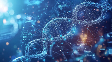 Obraz premium A futuristic visual of DNA molecules intertwined with molecular structures, accompanied by digital graphs representing biotechnology research. 