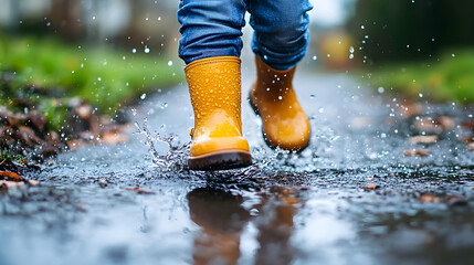 Child Runs Through Puddle Splashing Water in Yellow Rain Boots on an Autumn Day.