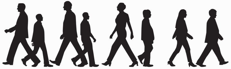 silhouettes of men and a women, a group of walking business people, profile, people walking isolated on white background