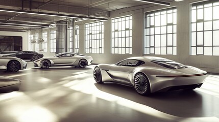 Obraz premium Modern cars elegantly arranged in an industrial showroom, showcasing sleek designs and advanced technology, embodying innovation and automotive excellence.