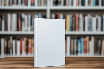 A blank book standing upright on a wooden table