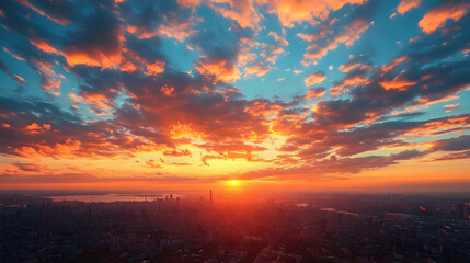 Fototapeta premium Fiery Sunset Illuminates Cityscape with Dramatic Clouds and Golden Light