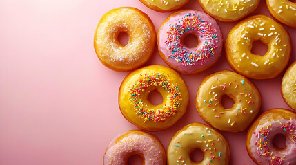 Colorful Donuts with Sprinkles Arranged on a Pink Background Beautifully.