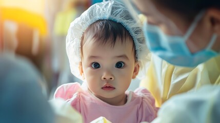 Pediatric hospital ward featuring dedicated medical professionals in protective gear, emphasizing compassionate care and safety in healthcare environments.