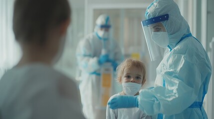 Pediatric hospital ward featuring dedicated medical professionals in protective gear, emphasizing compassionate care and safety in healthcare environments.