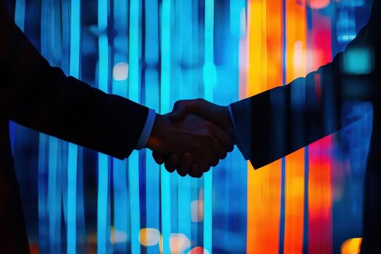 Businessmen shaking hands against vibrant city lights.