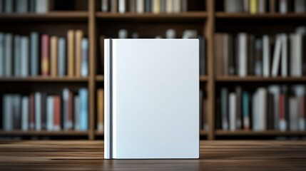 A blank book standing upright on a wooden table