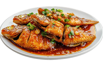 Sweet and Sour Fish, deep-fried and tangy, white PNG.