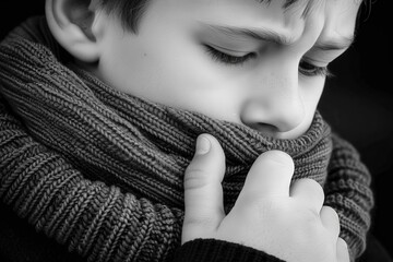 Boy in scarf conveying emotions urban setting black and white photography close-up perspective vulnerability concept