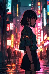 Fototapeta premium anime wallpaper,Mystical Girl in Neon Cyberpunk Cityscape