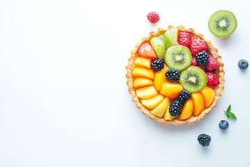 A colorful fruit tart topped with various fresh fruits arranged in a circular pattern.