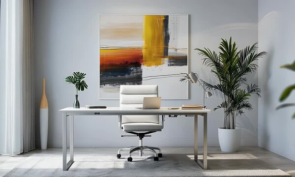 A modern office space featuring a sleek desk, chair, plants, and abstract art for a productive environment.