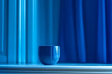 A blue ribbed cup placed on a surface, surrounded by blue curtains creating a serene atmosphere.