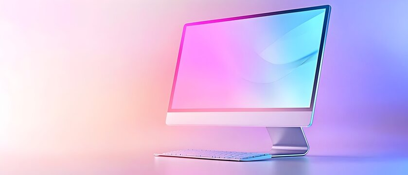 A computer monitor with a keyboard on a table - Powered by Adobe