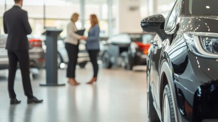 Fototapeta premium Modern car showroom during trade-in promotion. Featuring stylish displays of new vehicles