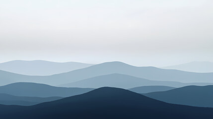 Serene Blue Mountains: A minimalist landscape photograph showcasing a breathtaking panorama of rolling blue mountains under a hazy sky. The image evokes a sense of calm, tranquility.