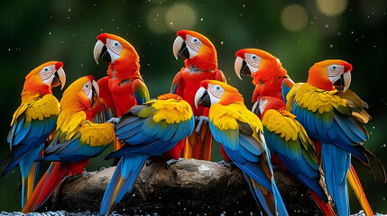 Eight Vibrant Macaws Gather on a Rock Over Water with Lush Green Background in Nature