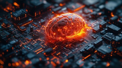 Glowing brain on circuit board. (3)