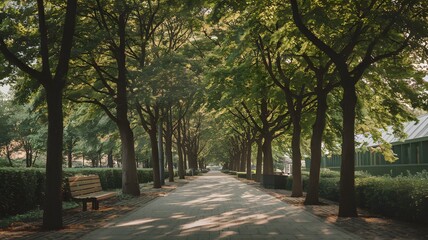 There is a beautiful row of trees situated along a path in a park