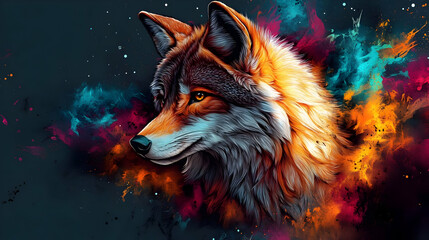 Majestic Wolf Portrait with Vibrant Colors and Abstract Background Beautifully Illustrated