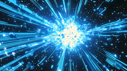 Bright Blue Light Explodes with Debris Radiating Outward Dynamically on a Dark Background