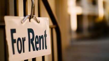 For rent sign displayed on a residential building, symbolizing opportunities for new beginnings and the dynamic nature of urban living.